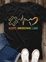 Load image into Gallery viewer, Accept Understand Love Heartbeat Puzzle Colorful Autism Black T Shirt S 4Xl