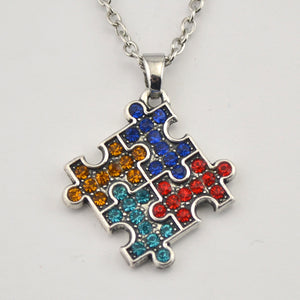 Rhodium Plated Autism Awareness Jigsaw Puzzle Piece Multicolor Crystal Pendant