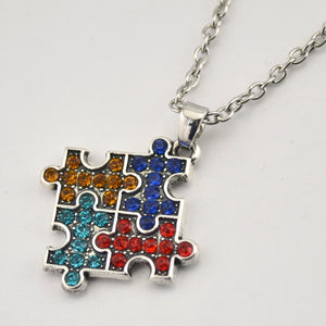 Rhodium Plated Autism Awareness Jigsaw Puzzle Piece Multicolor Crystal Pendant