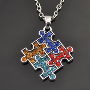 Rhodium Plated Autism Awareness Jigsaw Puzzle Piece Multicolor Crystal Pendant