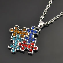 Load image into Gallery viewer, Rhodium Plated Autism Awareness Jigsaw Puzzle Piece Multicolor Crystal Pendant