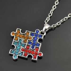 Rhodium Plated Autism Awareness Jigsaw Puzzle Piece Multicolor Crystal Pendant