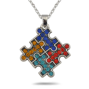 Rhodium Plated Autism Awareness Jigsaw Puzzle Piece Multicolor Crystal Pendant