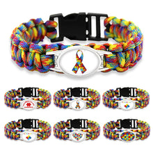 Load image into Gallery viewer, Puzzle Piece Autism Awareness Bracelets Hope Glass Cabochon Survival Paracord Charm Bracelets