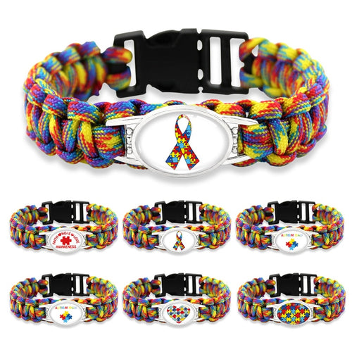 Puzzle Piece Autism Awareness Bracelets Hope Glass Cabochon Survival Paracord Charm Bracelets