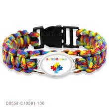 Load image into Gallery viewer, Puzzle Piece Autism Awareness Bracelets Hope Glass Cabochon Survival Paracord Charm Bracelets