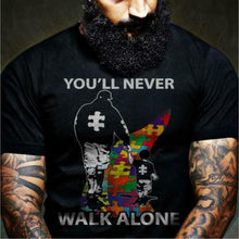 Load image into Gallery viewer, Autism Dad &amp; Son You&#39;ll Never Walk Alone Men&#39;s Black T Shirt